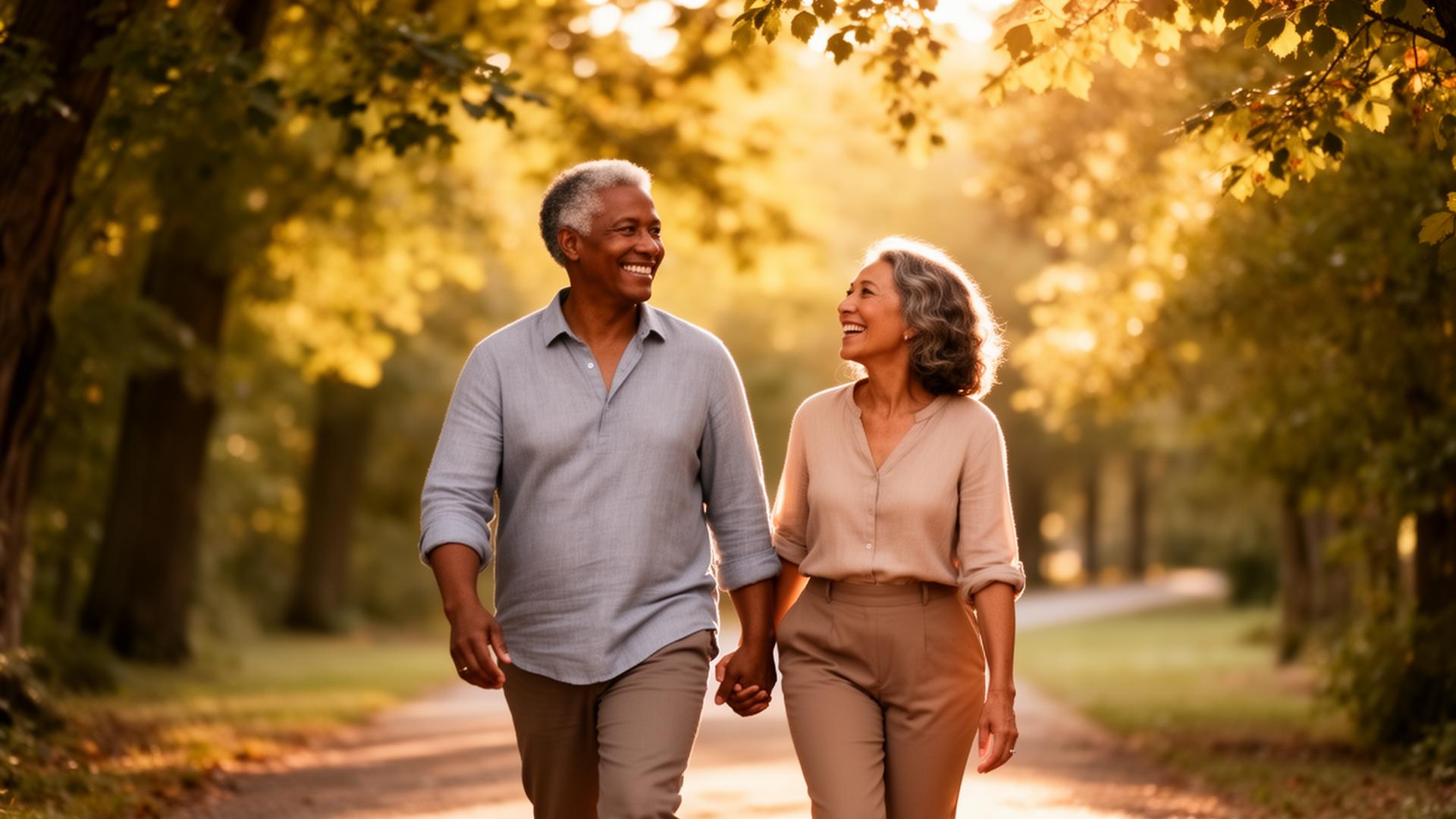 A couple in their fifties walking together along a tree-lined path in warm golden light