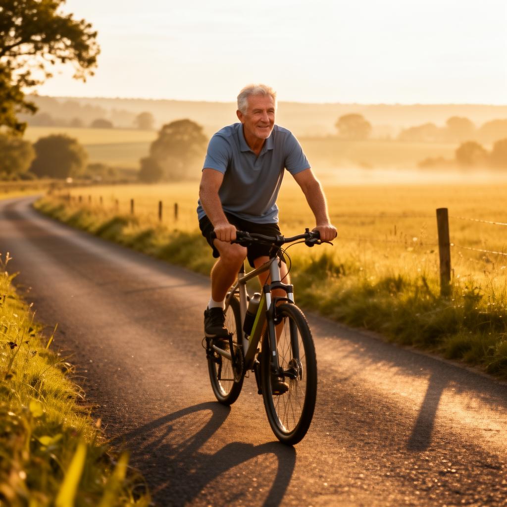 A man in his sixties cycling along a country road in morning light