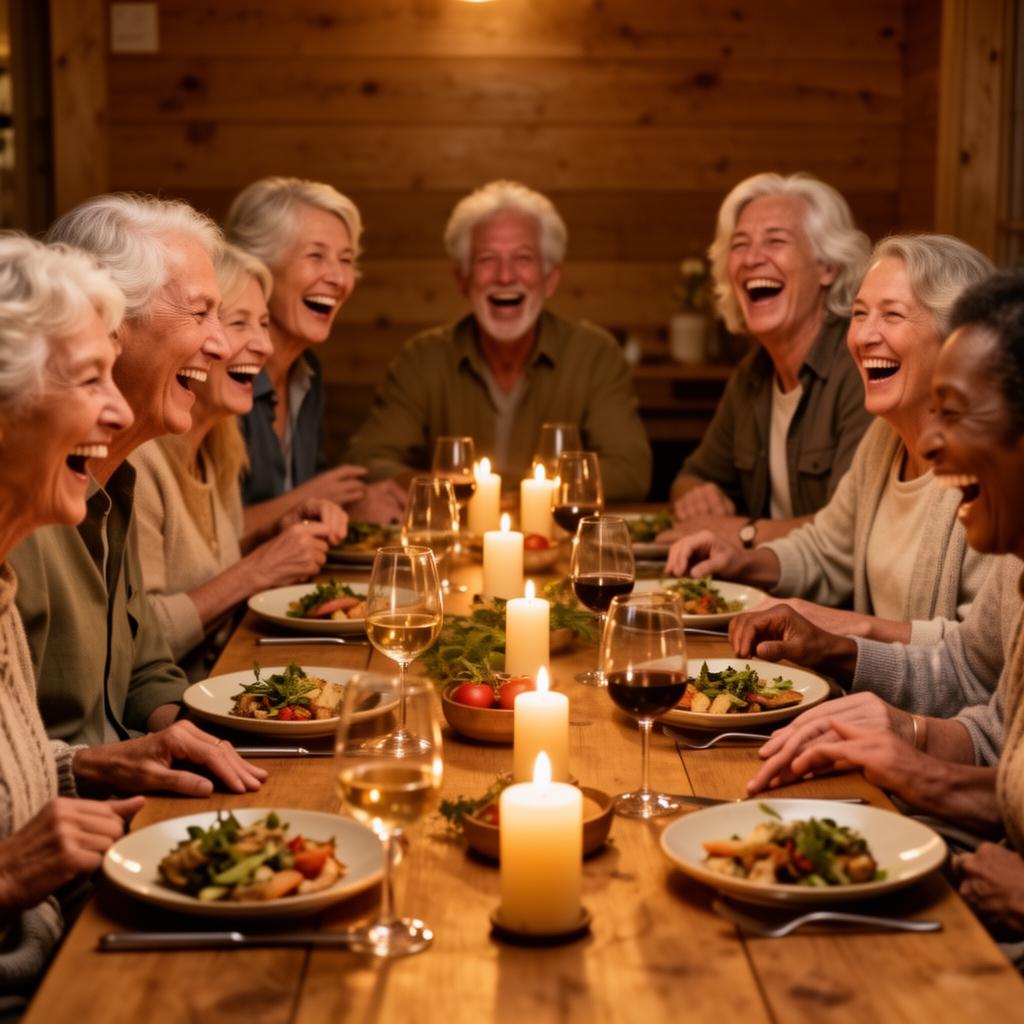 A diverse group of friends in their late fifties laughing around a candlelit dinner table