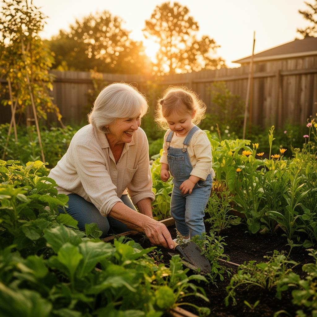 A grandmother gardening with her young grandchild in evening light